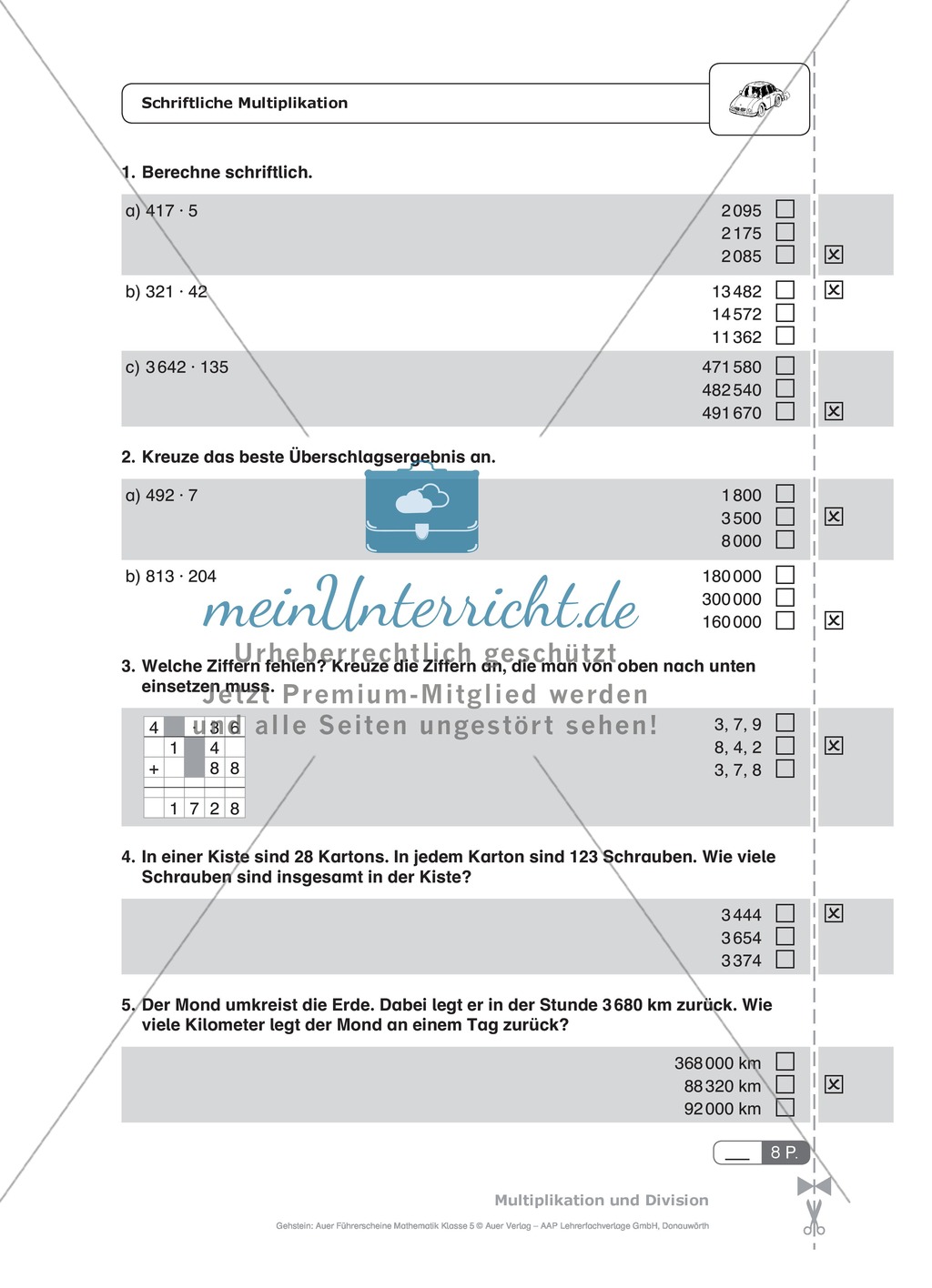Schnelltest zur Erhebung des Lernstands im Themenfeld Multiplikation und Division, Mathe-Führerschein mit Selbstkontrolle Preview 3