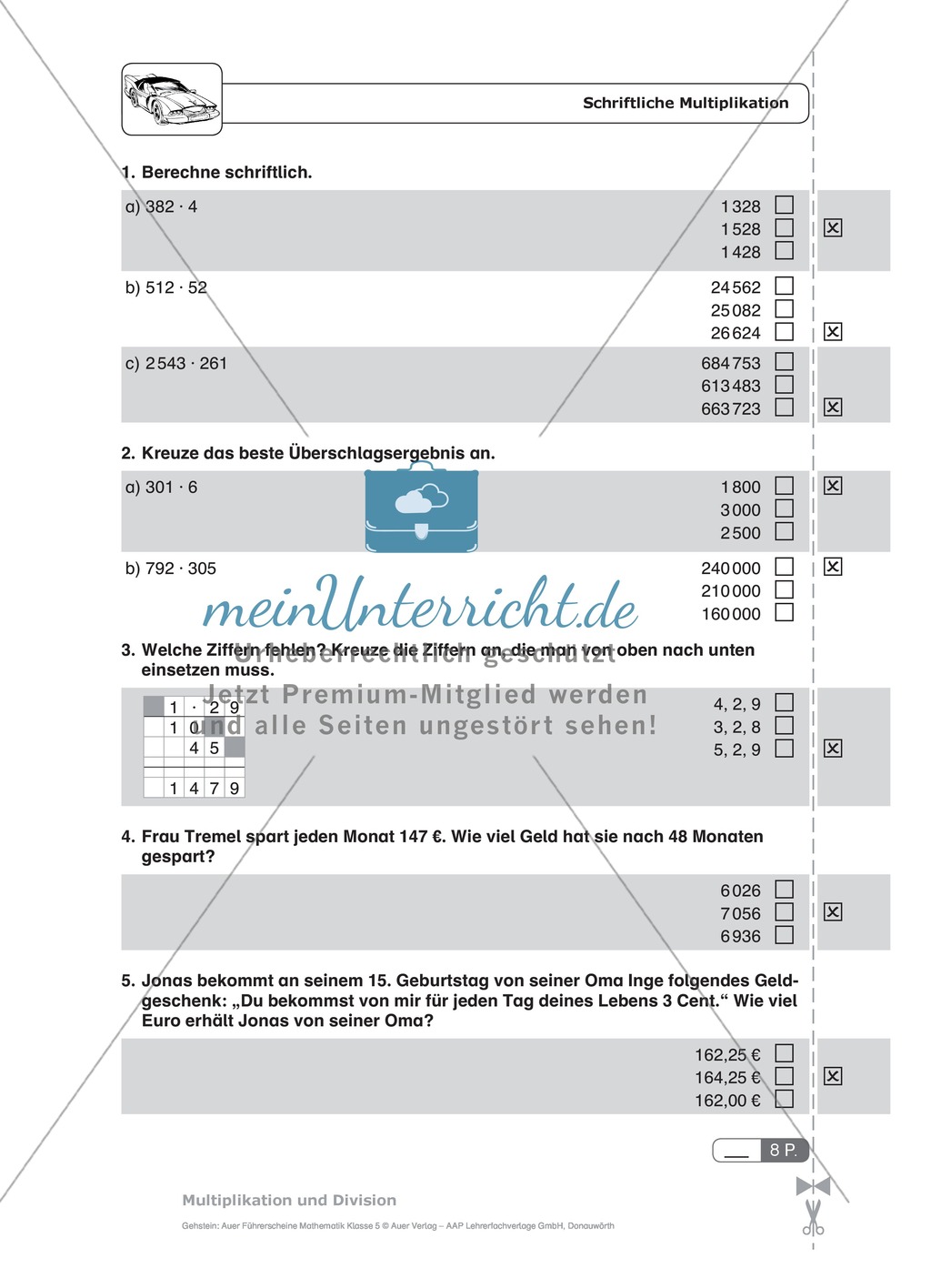 Schnelltest zur Erhebung des Lernstands im Themenfeld Multiplikation und Division, Mathe-Führerschein mit Selbstkontrolle Preview 4