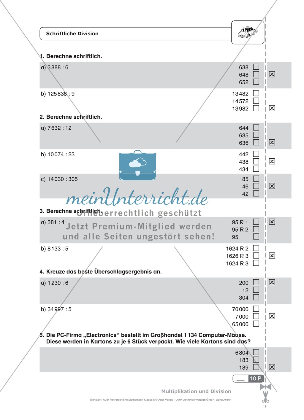 Schnelltest zur Erhebung des Lernstands im Themenfeld Multiplikation und Division, Mathe-Führerschein mit Selbstkontrolle Preview 5