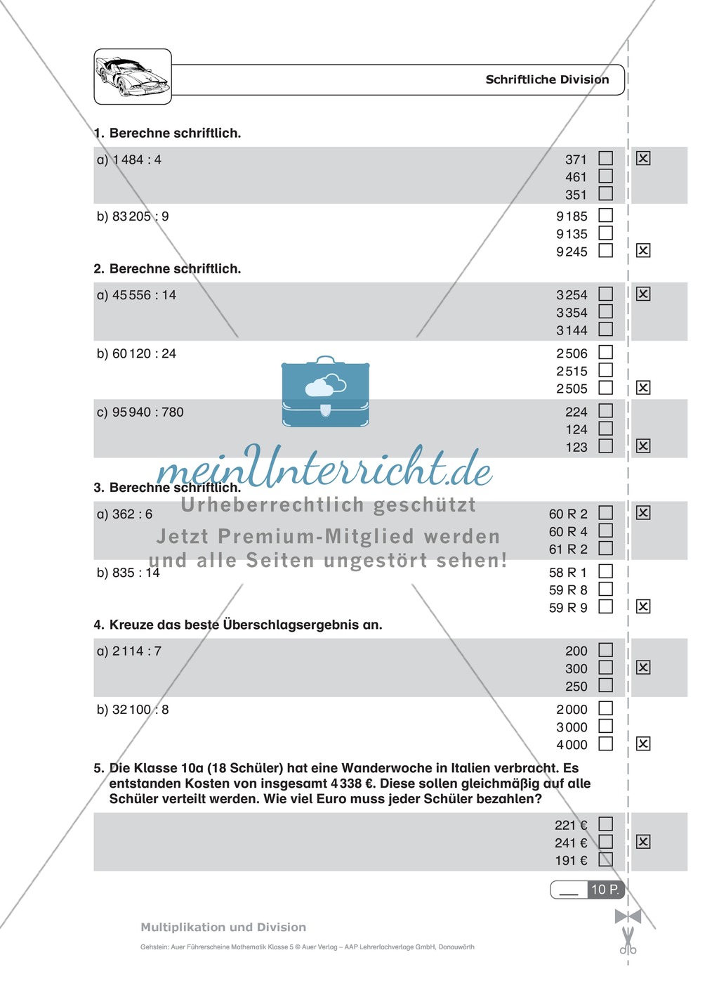 Schnelltest zur Erhebung des Lernstands im Themenfeld Multiplikation und Division, Mathe-Führerschein mit Selbstkontrolle Preview 6