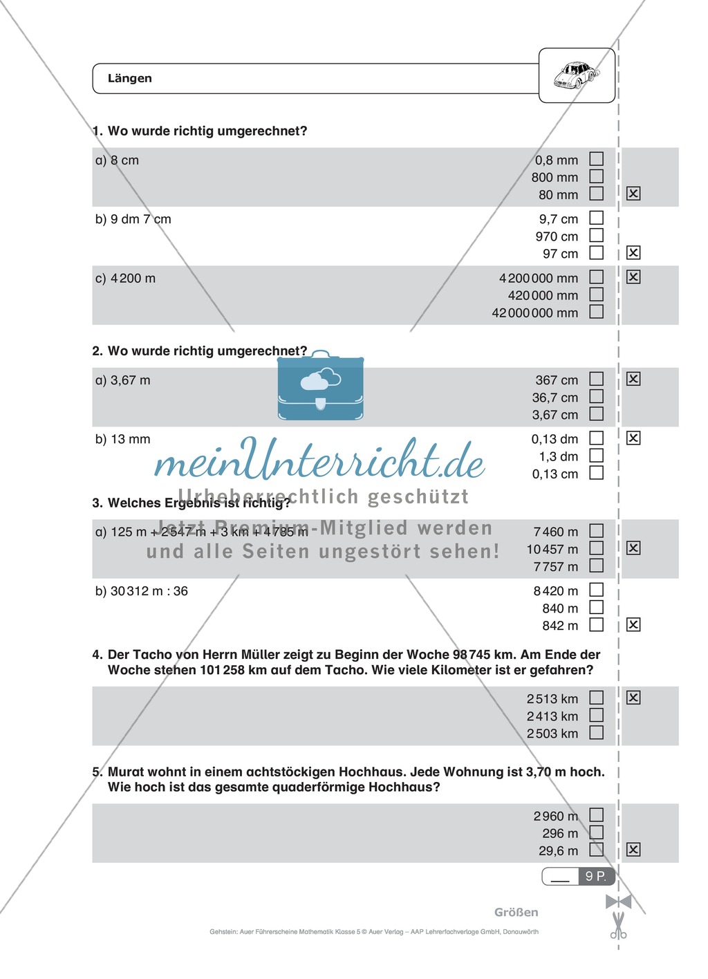 Schnelltest zur Erfassung des Lernstands im Themenfeld Größen, Mathe-Führerschein mit Selbstkontrolle Preview 1