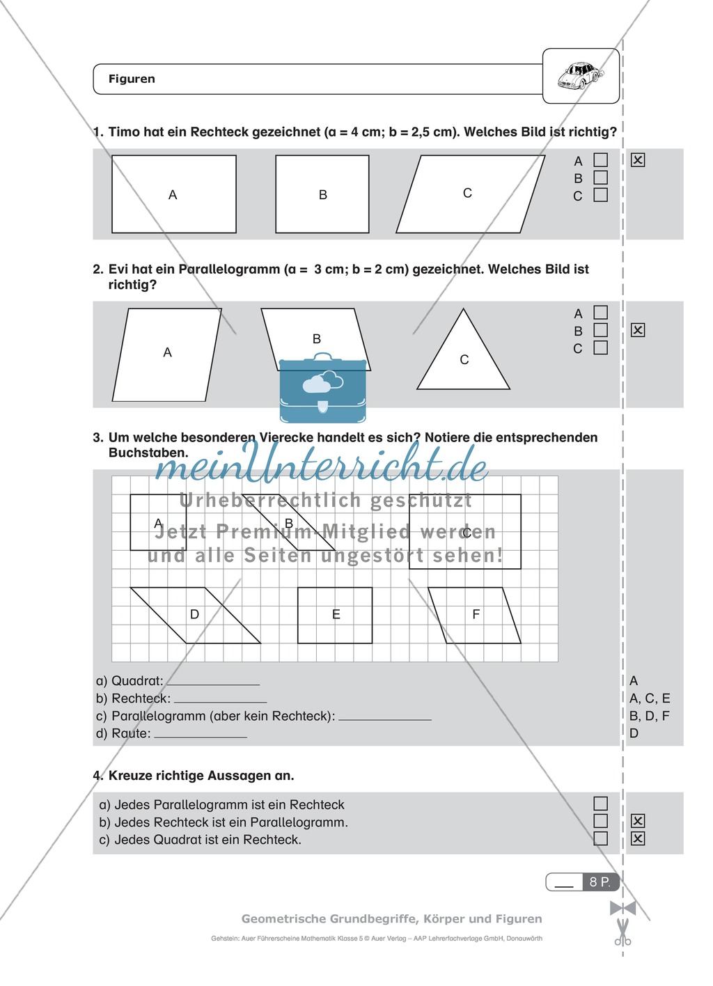 Schnelltest zur Erhebung des Lernstands im Themenfeld Geometrie, Mathe-Führerschein mit Selbstkontrolle Preview 1