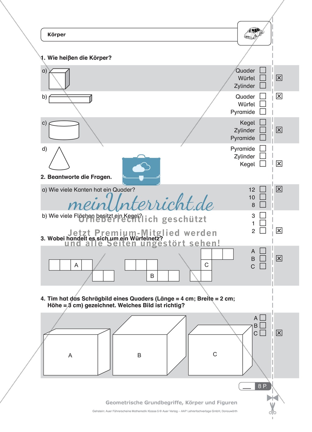 Schnelltest zur Erhebung des Lernstands im Themenfeld Geometrie, Mathe-Führerschein mit Selbstkontrolle Preview 3