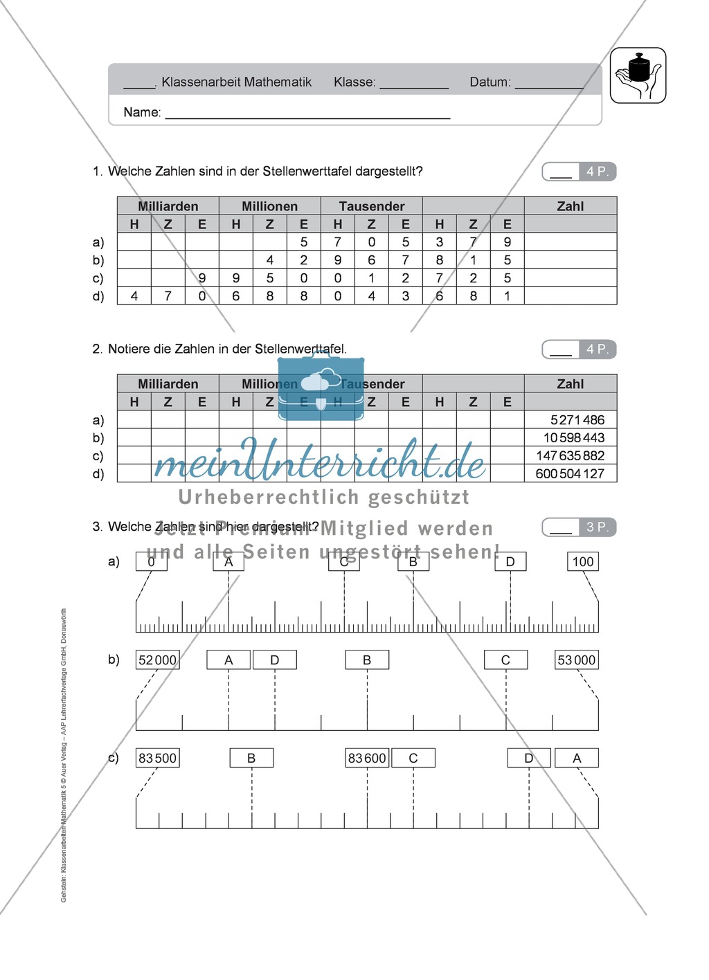 Klassenarbeit zu natürlichen Zahlen Preview 1