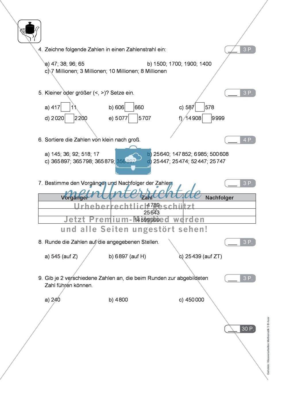 Klassenarbeit zu natürlichen Zahlen Preview 2