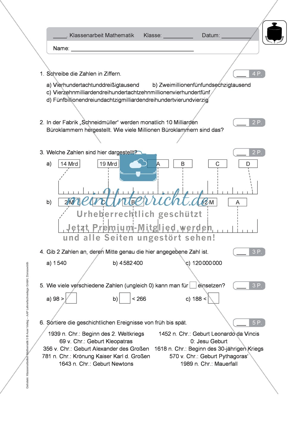 Klassenarbeit aus dem Themenbereich natürliche Zahlen Preview 1