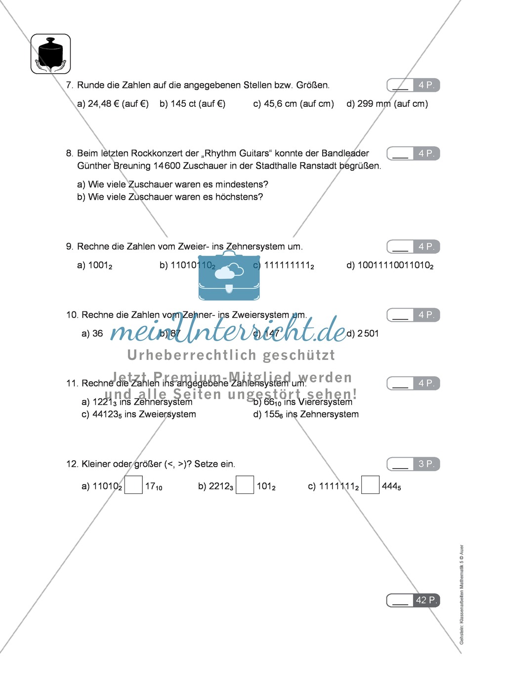 Klassenarbeit aus dem Themenbereich natürliche Zahlen Preview 2