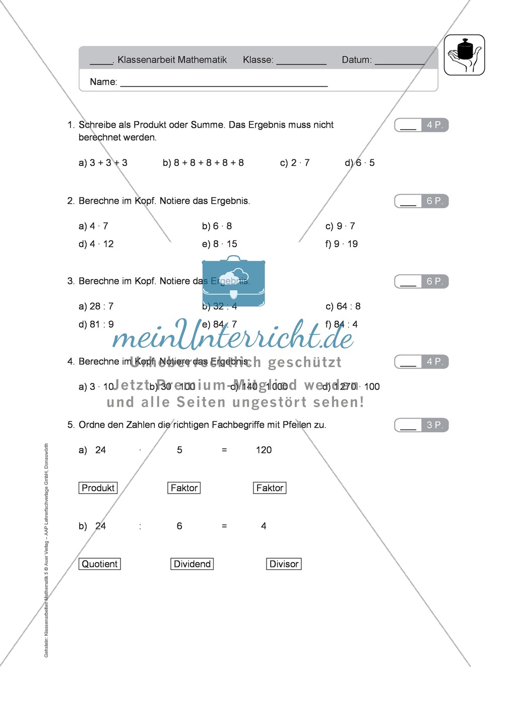 Klassenarbeit zur Punktrechnung Preview 1