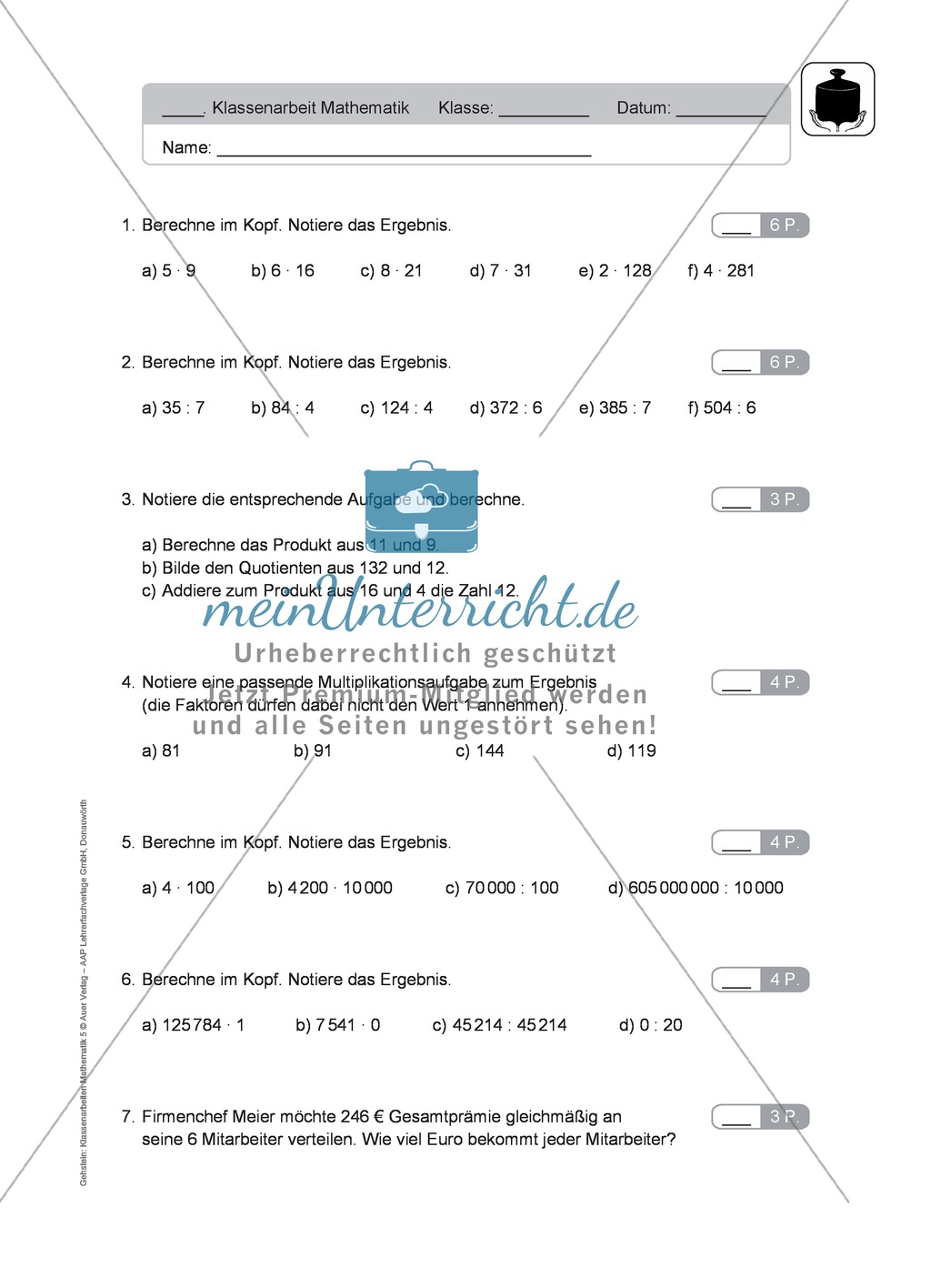 Klassenarbeit aus dem Themenfeld Multiplikation und Division Preview 1