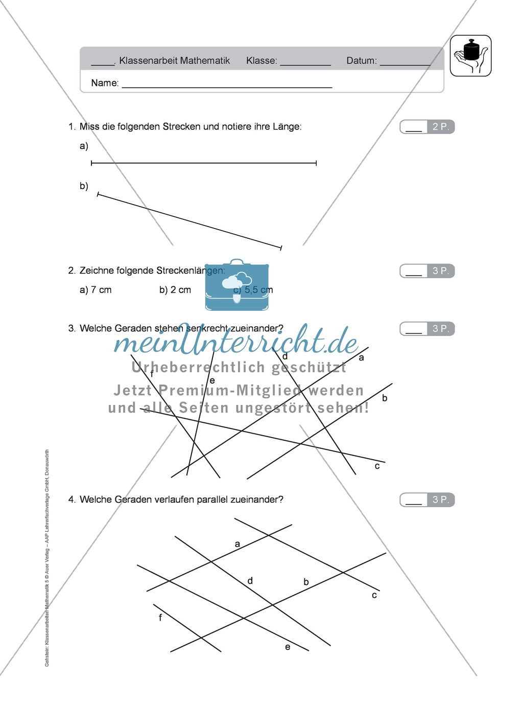 Klassenarbeit zur Geometrie Preview 1