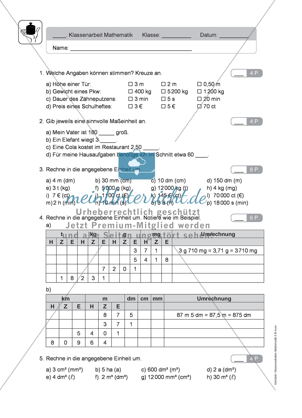 Klassenarbeit zu Maßeinheiten Preview 1