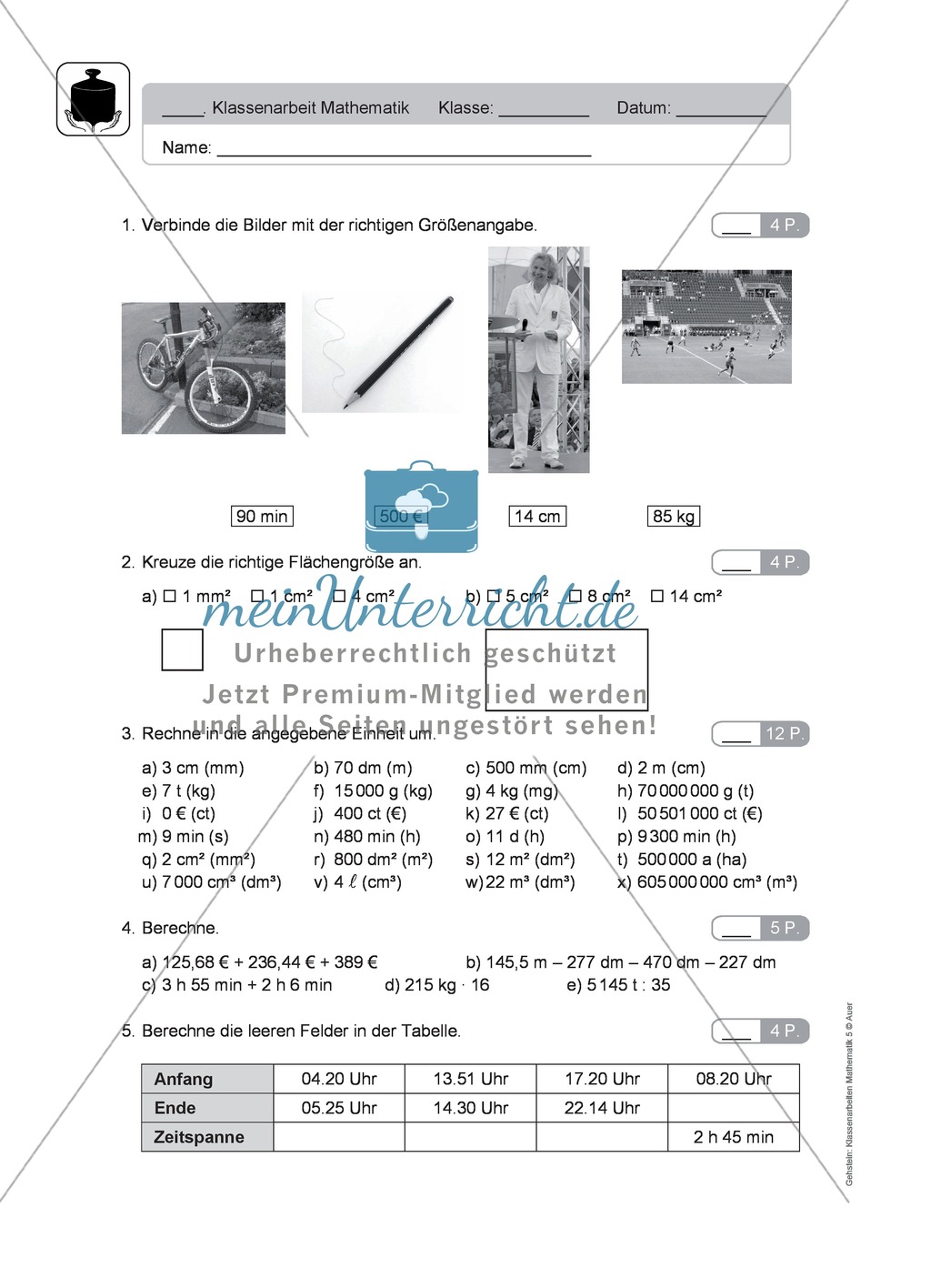 Klassenarbeit oder Lernkontrolle zu Maßeinheiten Preview 1
