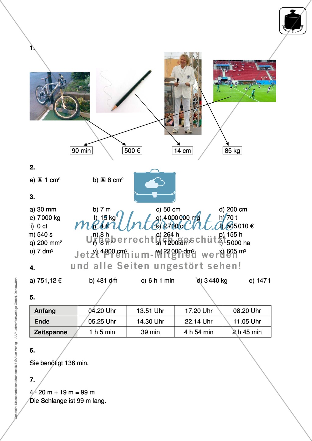 Klassenarbeit oder Lernkontrolle zu Maßeinheiten Preview 3