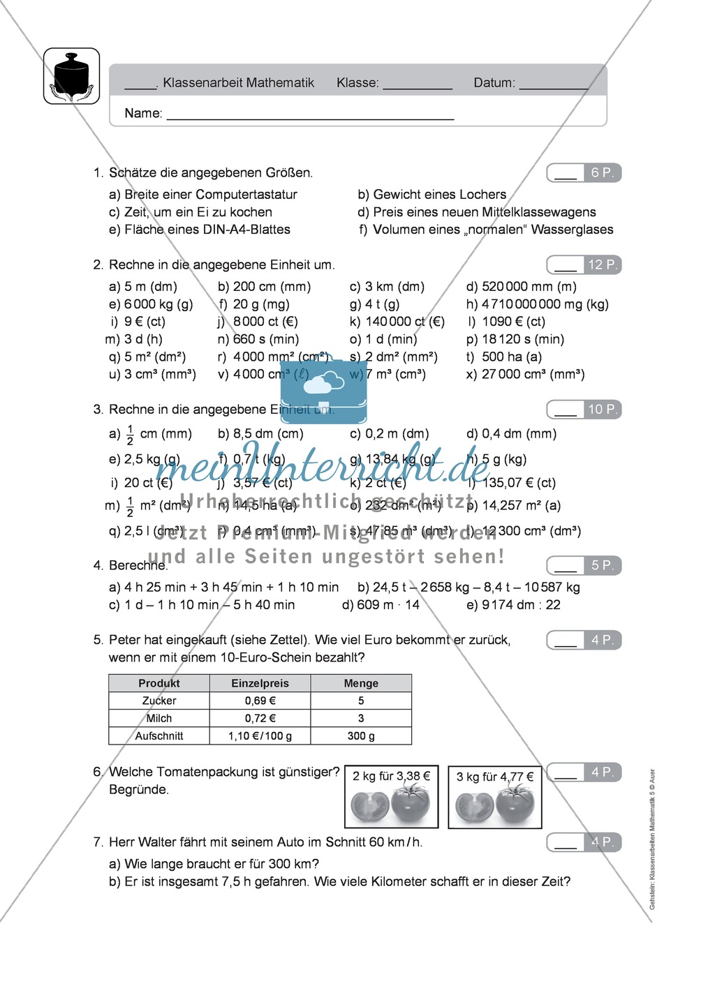 Klassenarbeit zum Themenfeld Maßeinheiten Preview 1
