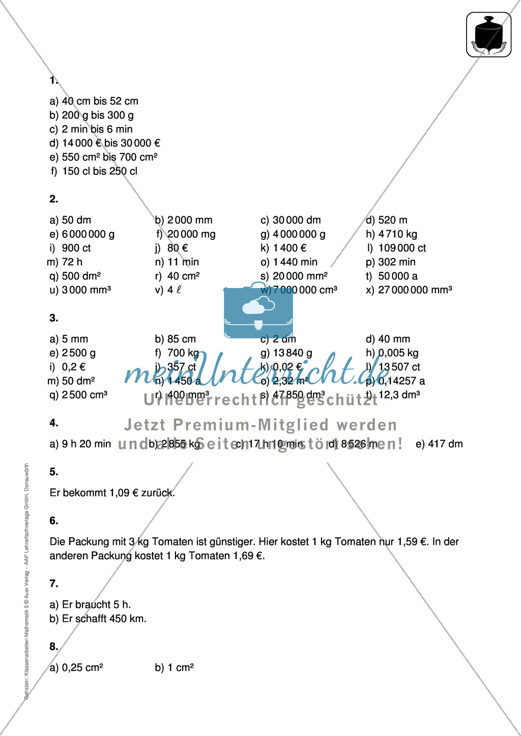 Klassenarbeit zum Themenfeld Maßeinheiten Preview 3