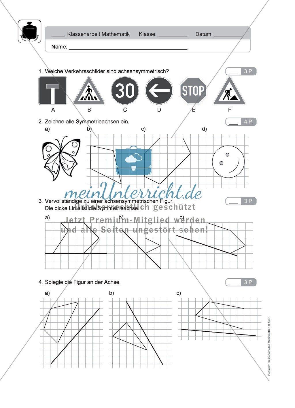 Klassenarbeit oder Lernkontrolle zum Themenfeld Achsensymmetrie und Verschieben Preview 1