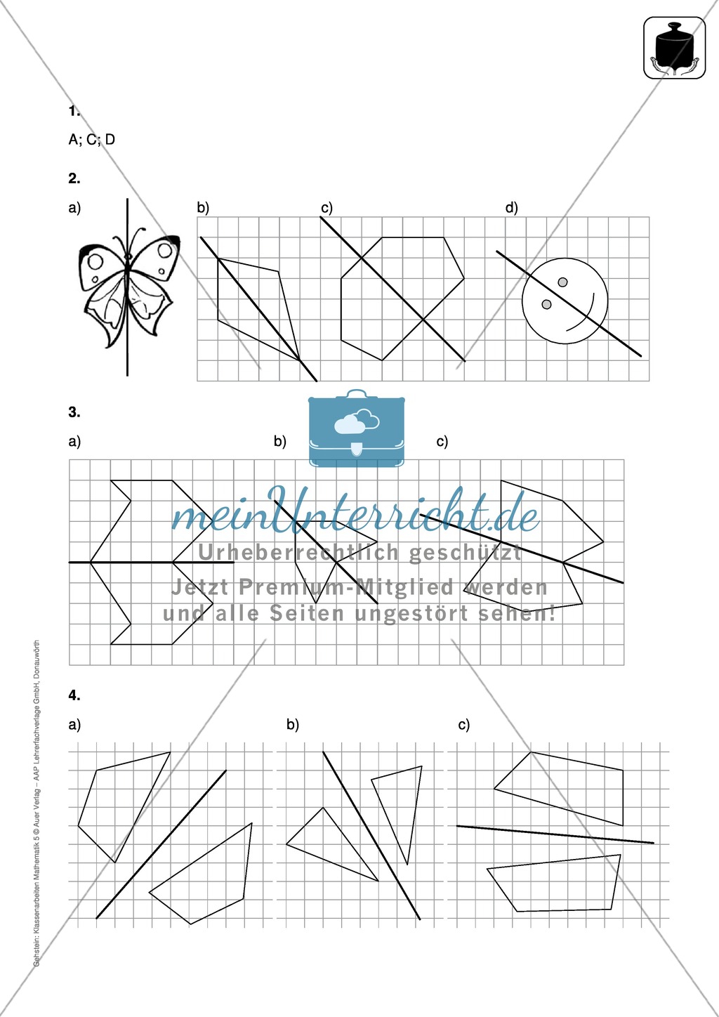 Klassenarbeit oder Lernkontrolle zum Themenfeld Achsensymmetrie und Verschieben Preview 3