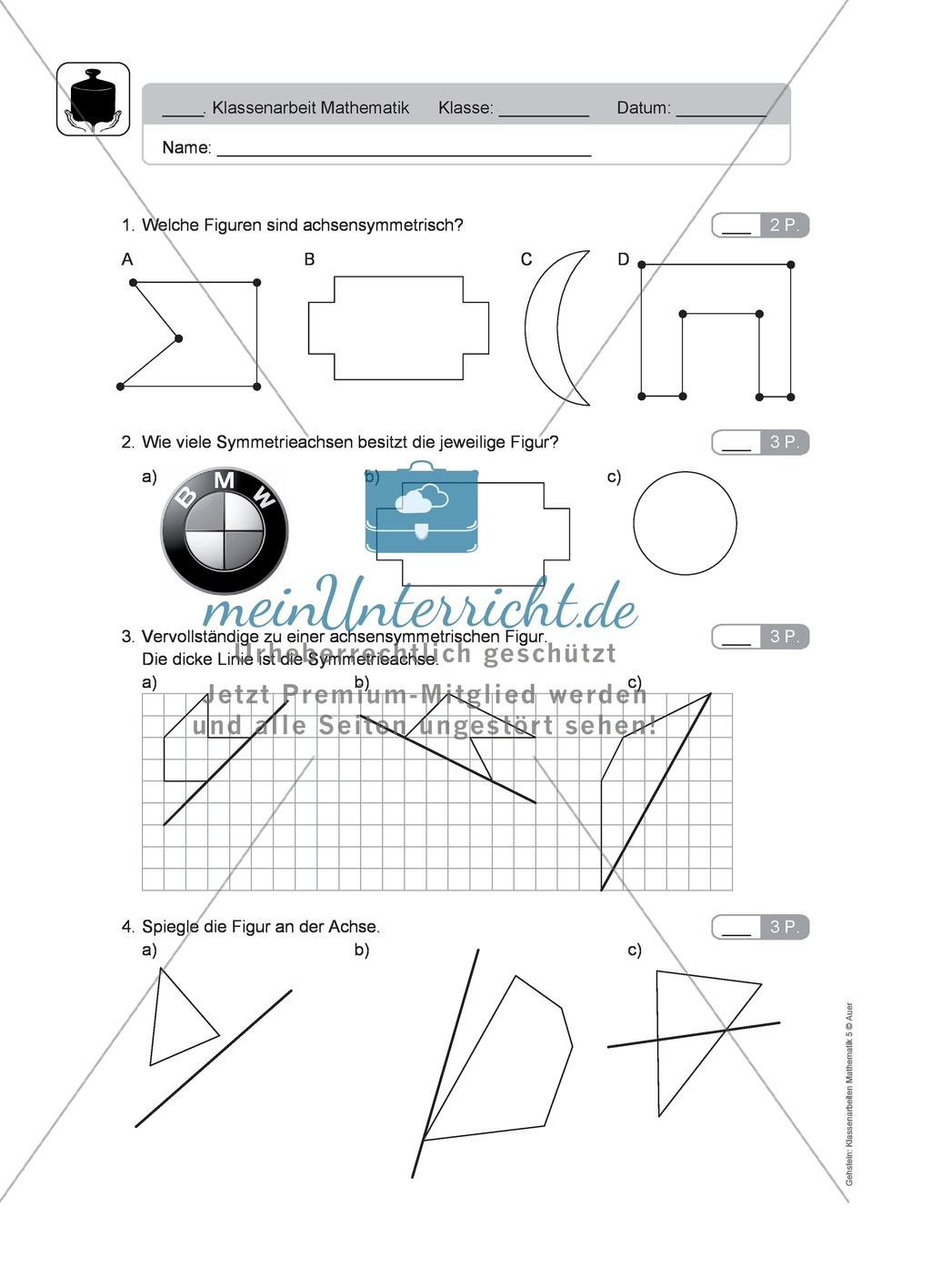 Klassenarbeit oder Lernkontrolle zum Themenfeld Spiegeln und Verschieben Preview 1