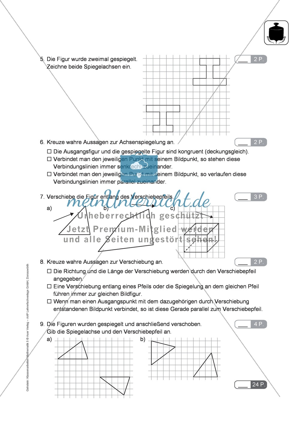 Klassenarbeit oder Lernkontrolle zum Themenfeld Spiegeln und Verschieben Preview 2