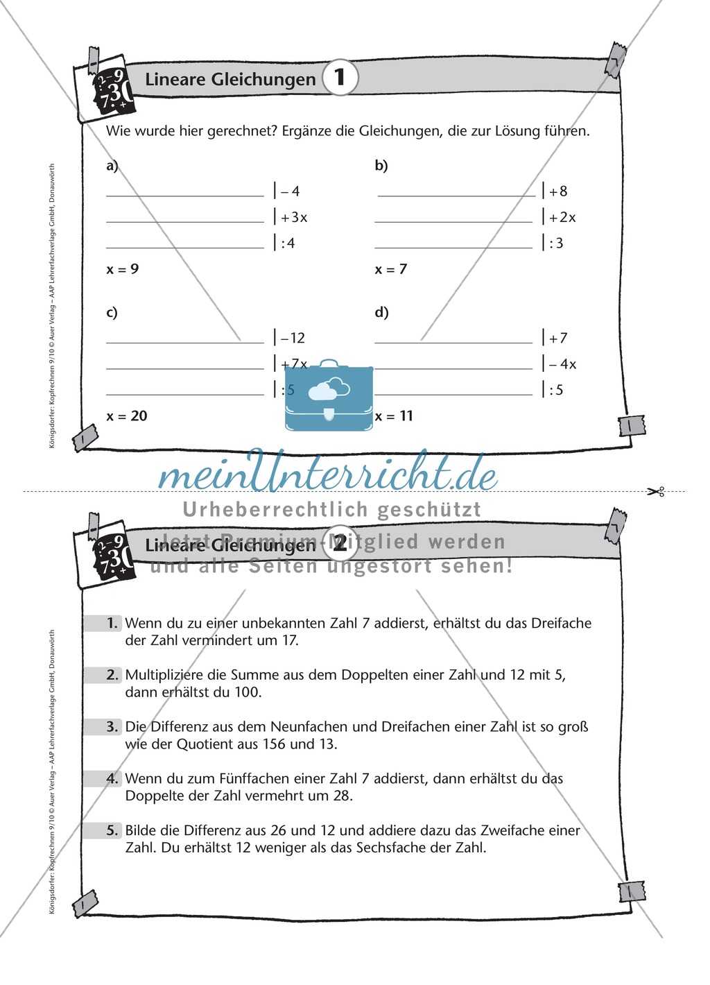 Karteikarten mit Aufgaben aus dem Themenfeld lineare Gleichungen, zur Selbstkontrolle Preview 1