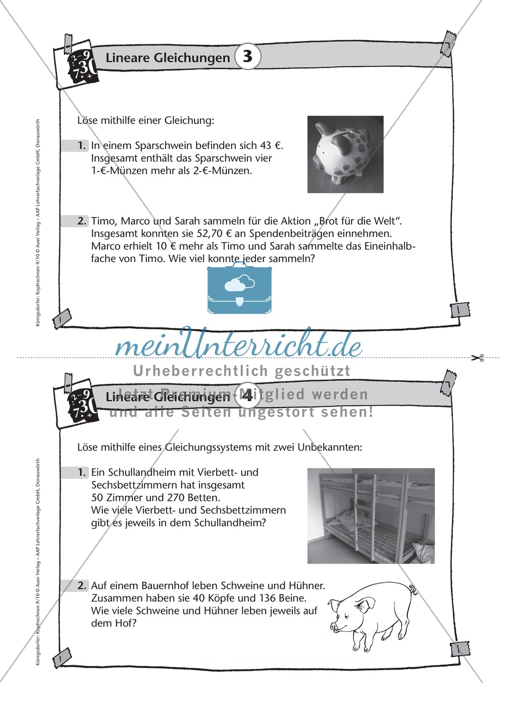 Karteikarten mit Aufgaben aus dem Themenfeld lineare Gleichungen, zur Selbstkontrolle Preview 3