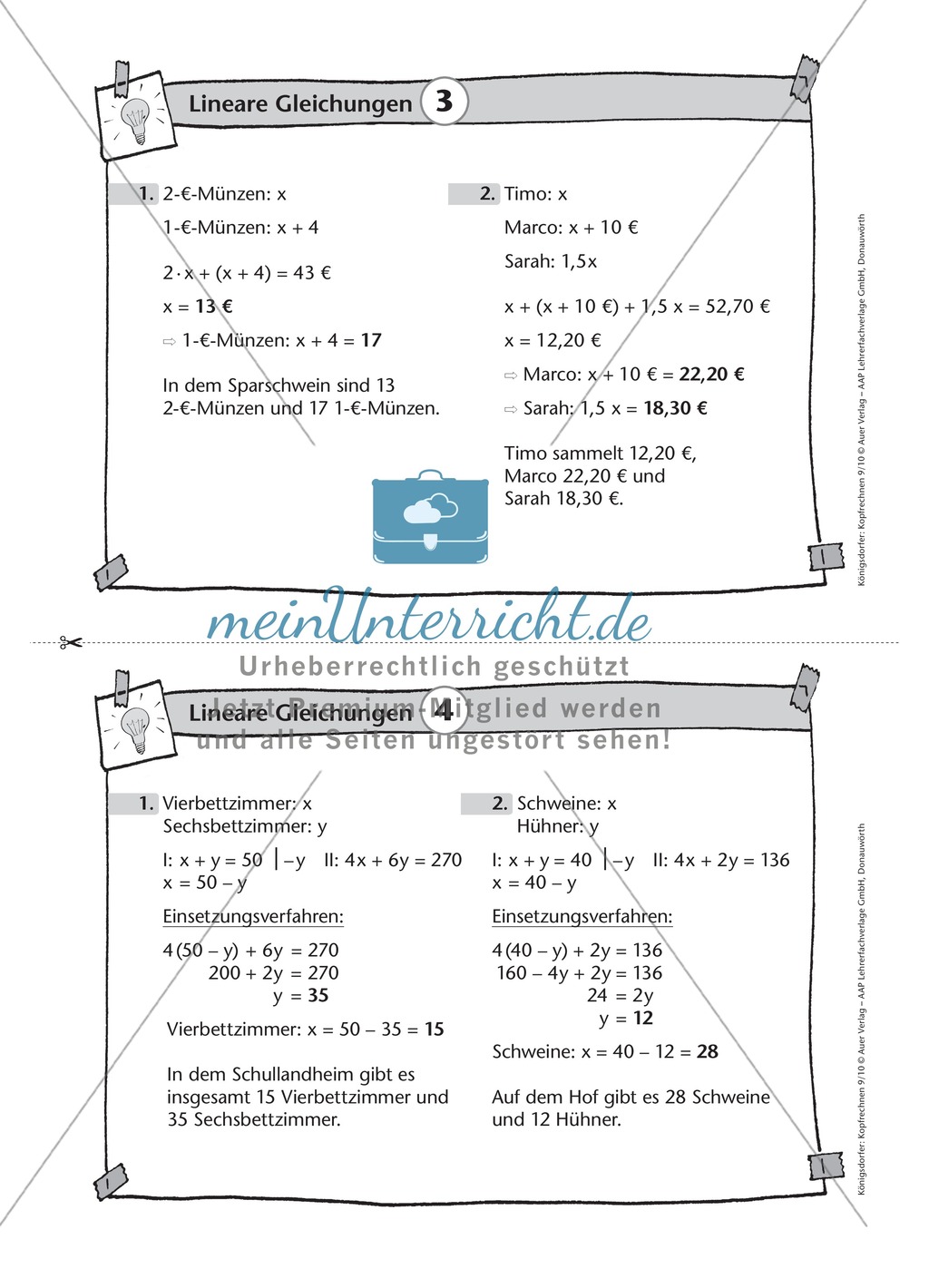 Karteikarten mit Aufgaben aus dem Themenfeld lineare Gleichungen, zur Selbstkontrolle Preview 4