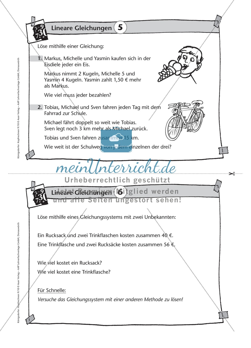 Karteikarten mit Aufgaben aus dem Themenfeld lineare Gleichungen, zur Selbstkontrolle Preview 5