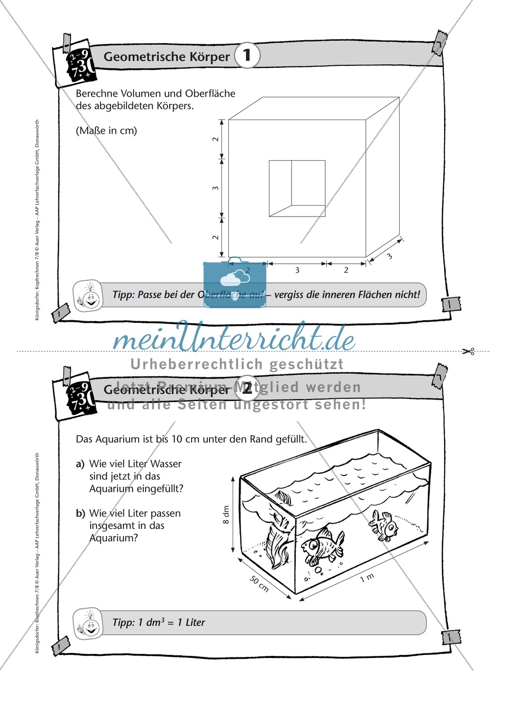 Übungsaufgaben auf Karteikarten aus dem Themenfeld geometrische Körper, zur Selbstkontrolle Preview 1