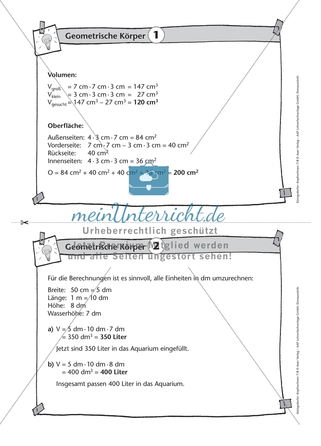 Übungsaufgaben auf Karteikarten aus dem Themenfeld geometrische Körper, zur Selbstkontrolle Preview 2