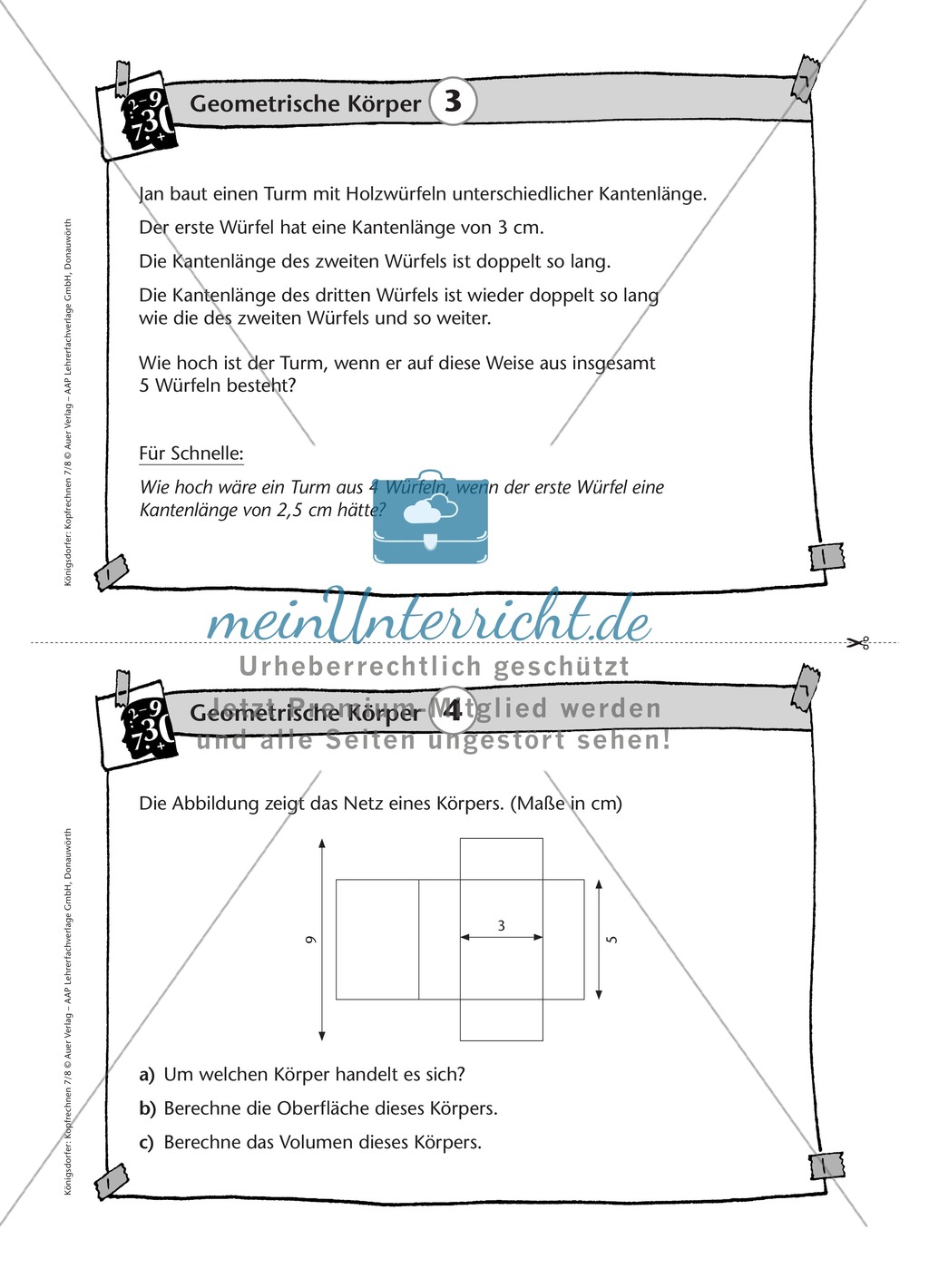 Übungsaufgaben auf Karteikarten aus dem Themenfeld geometrische Körper, zur Selbstkontrolle Preview 3