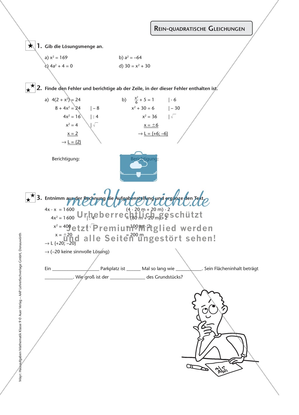 Einfache Aufgaben zu quadratischen Gleichungen Preview 1