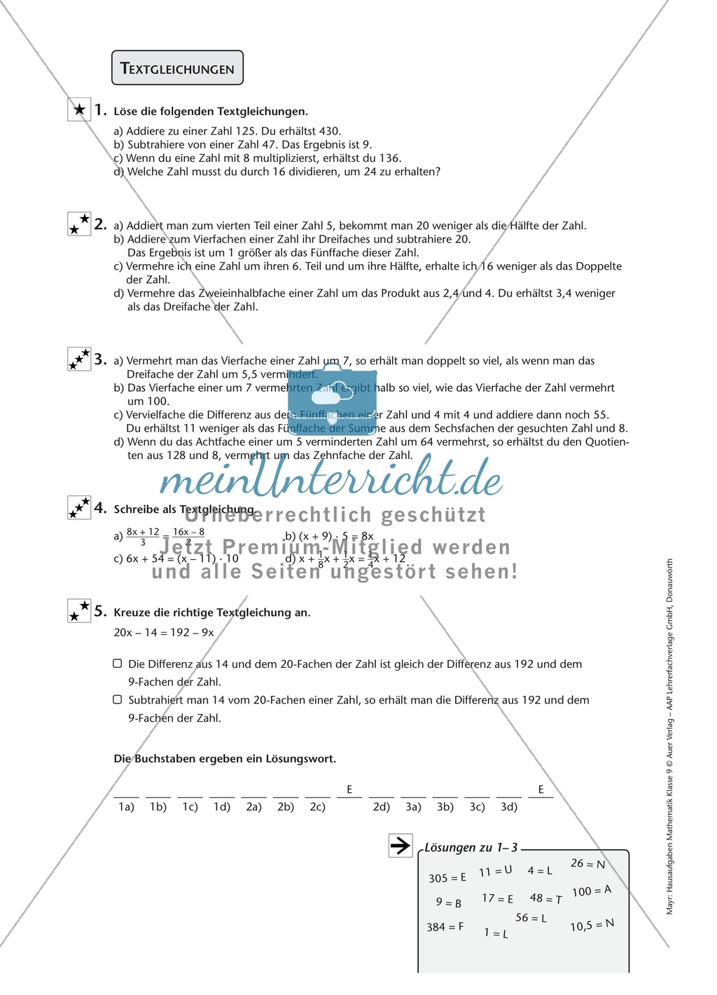 Textaufgaben zu verschiedenen Gleichungen Preview 1