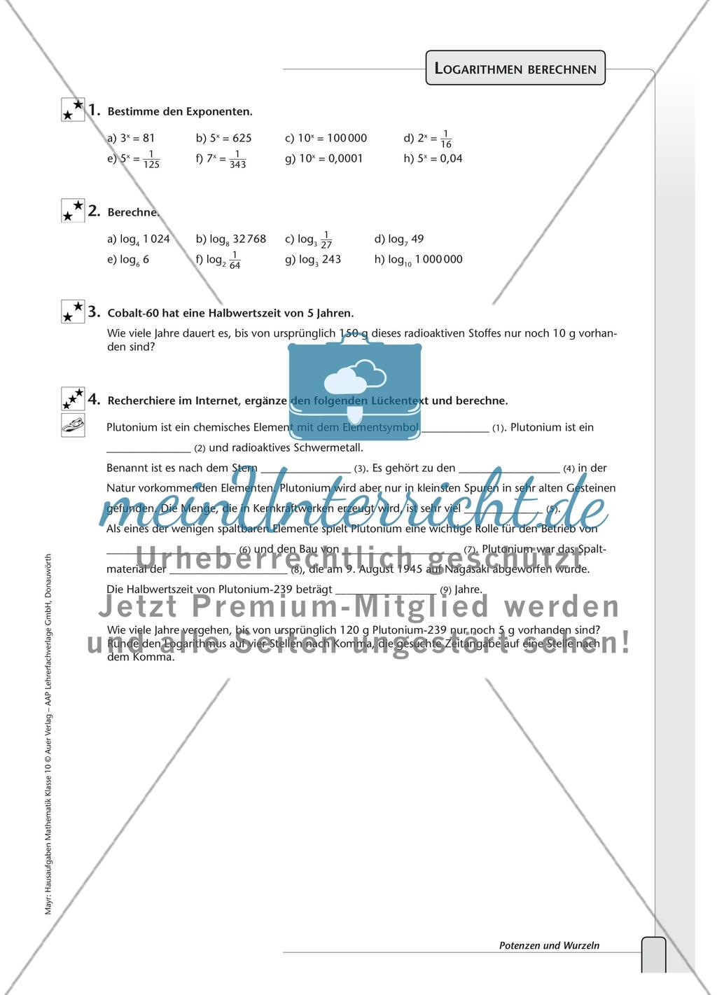 Aufgaben zu Logarithmen und Darstellungen von Abnahme- und Wachstumsprozessen Preview 1