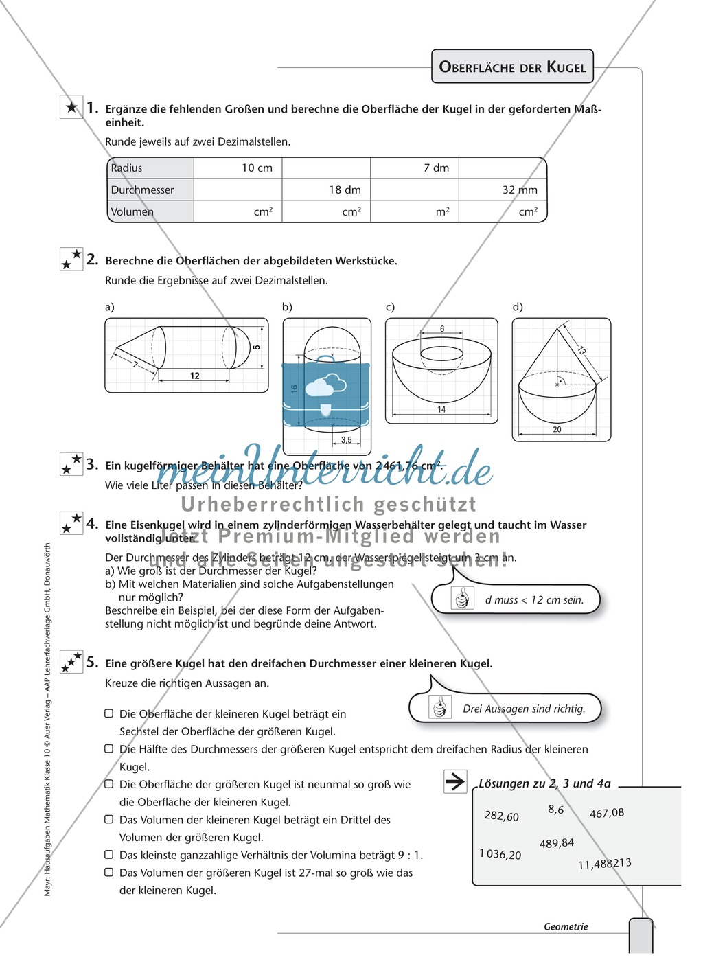 Aufgaben zur Berechnung der Oberfläche und des Volumens von Kugeln Preview 2