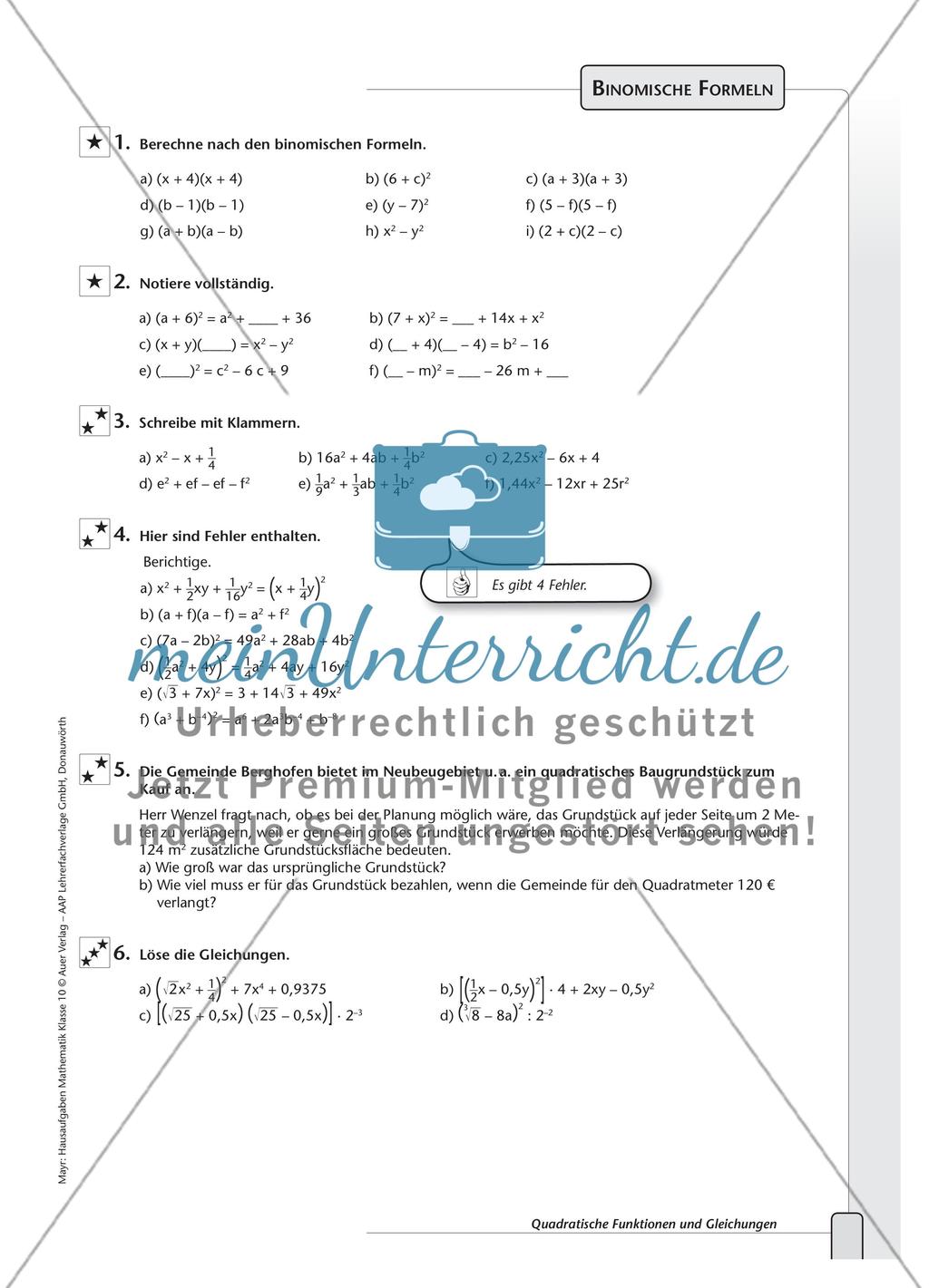 Vermischte Aufgaben zu den binomischen Formeln Preview 1