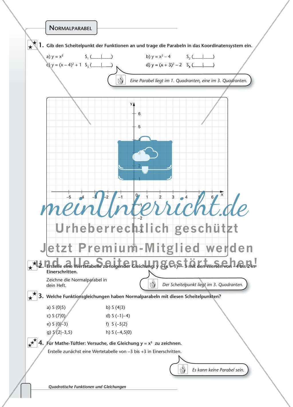 Aufgaben zur Normalparabel und Bestimmung der Funktionsgleichungen von Parabeln Preview 1
