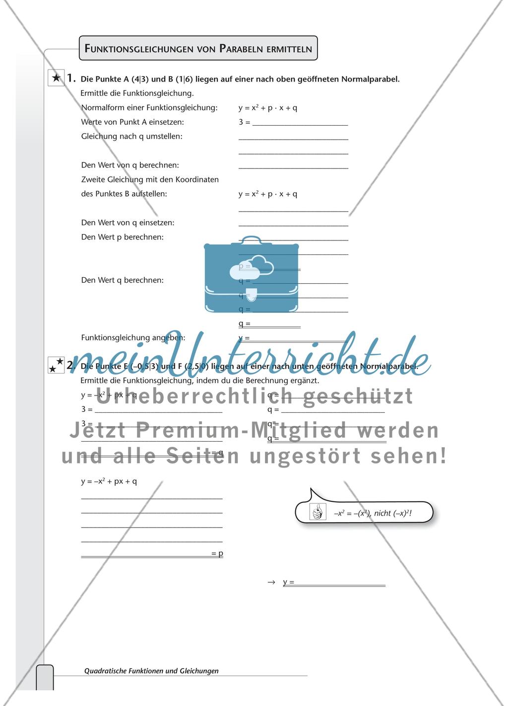 Aufgaben zur Normalparabel und Bestimmung der Funktionsgleichungen von Parabeln Preview 4