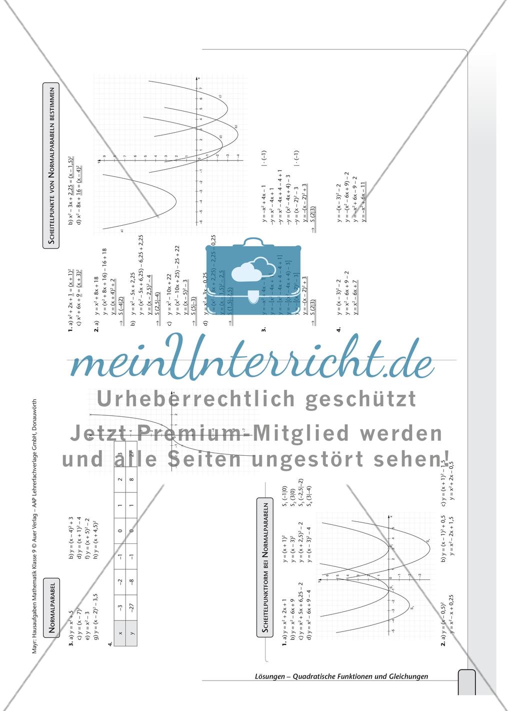 Aufgaben zur Normalparabel und Bestimmung der Funktionsgleichungen von Parabeln Preview 6