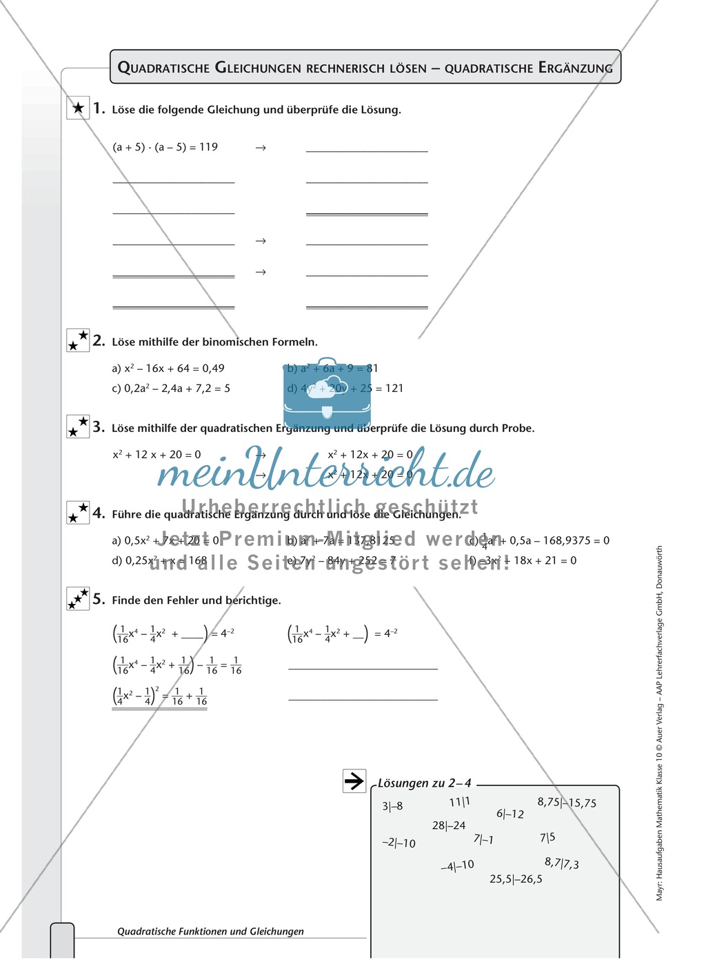 Übungen zu quadratischen Gleichungen Preview 2