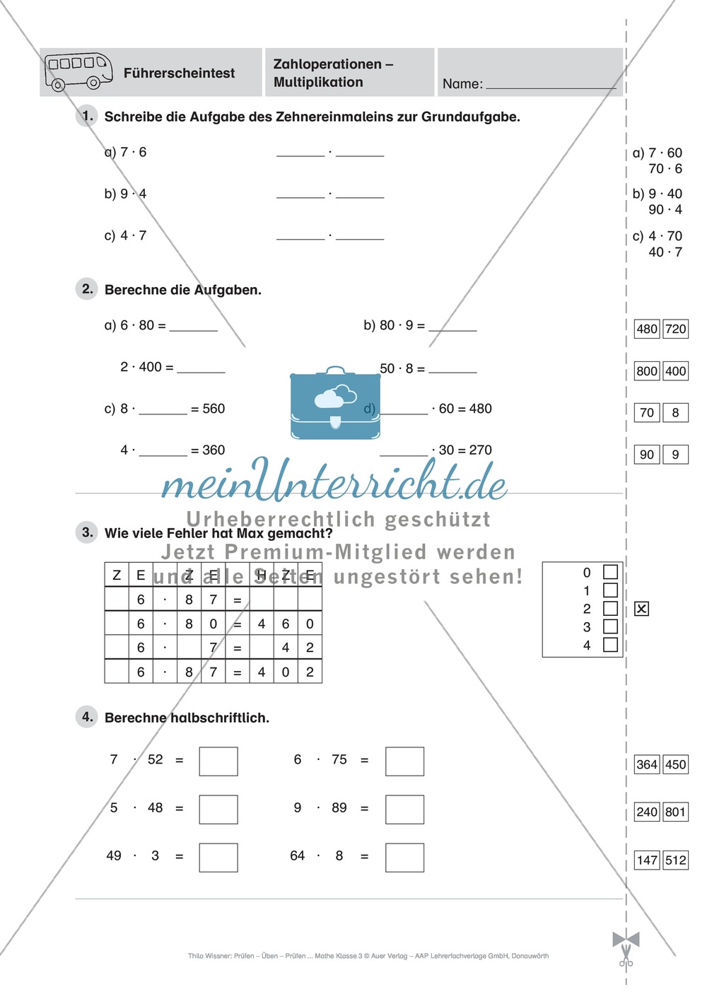 Mathefahrschule: Zahlenoperationen bis 1000 - Multiplikation Preview 8