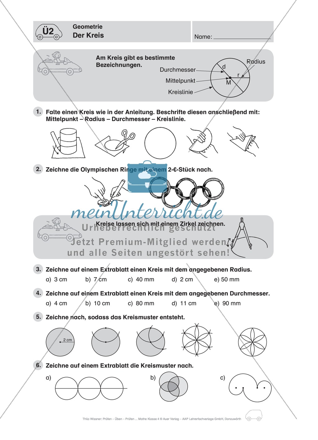 Mathefahrschule: Geometrie - Parallele Strecken, rechter Winkel, Bezeichnungen am Kreis und Würfelmuster Preview 6
