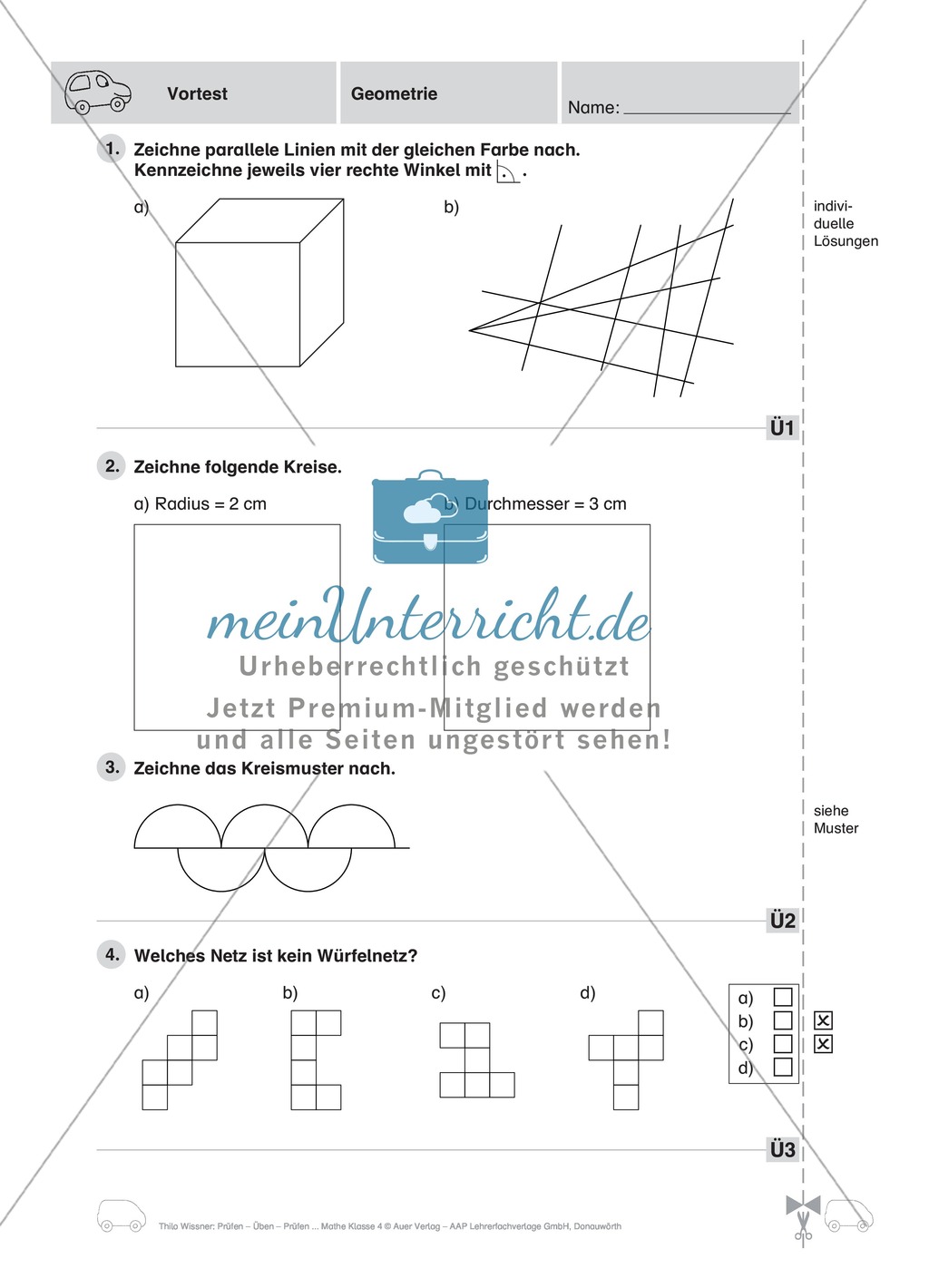 Aufgaben zu parallelen Strecken, rechten Winkeln, Kreisen und Würfelnetze Preview 1