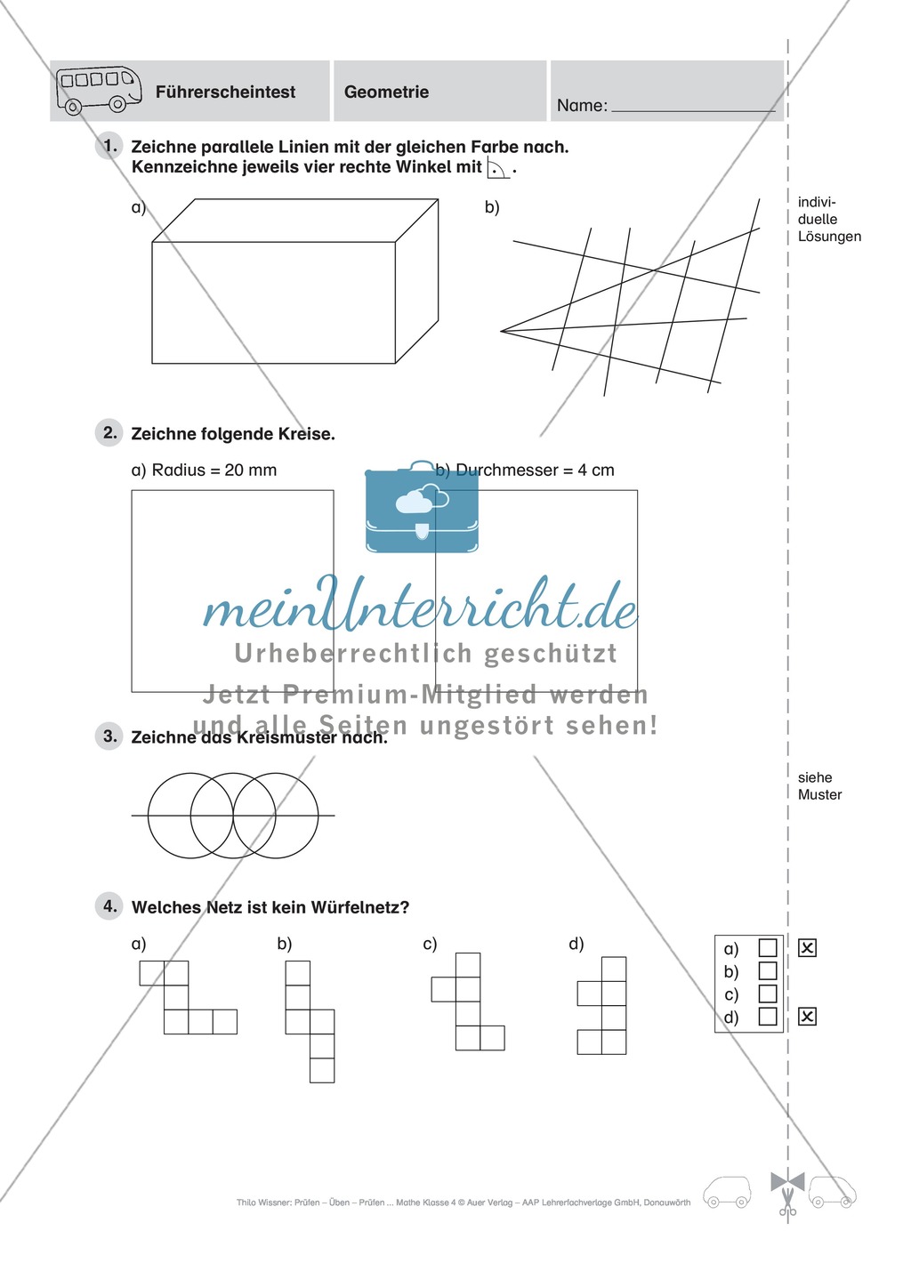 Aufgaben zu parallelen Strecken, rechten Winkeln, Kreisen und Würfelnetze Preview 2