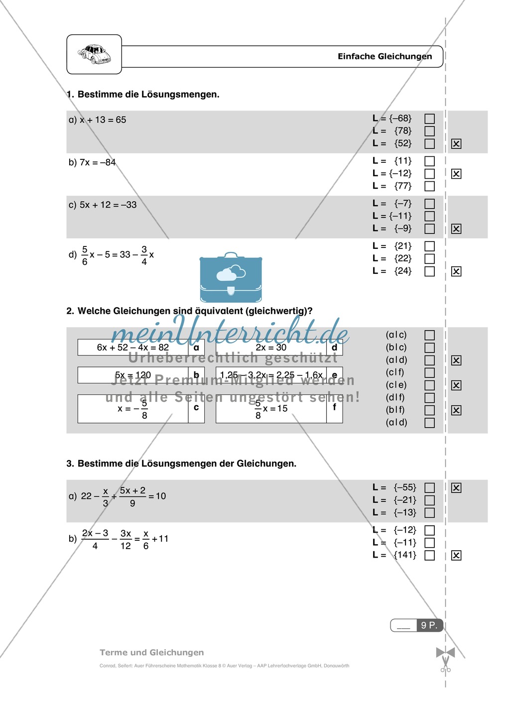 Einfache und geklammerte ganze und rationale Terme und Gleichungen. Enthält einen Schnelltest und Lösungen. Preview 2