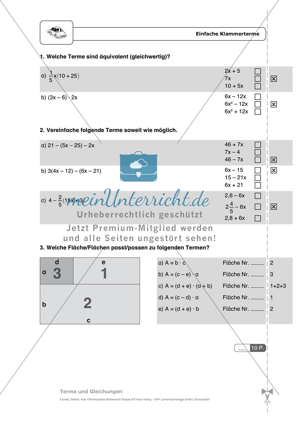 Einfache und geklammerte ganze und rationale Terme und Gleichungen. Enthält einen Schnelltest und Lösungen. Preview 4