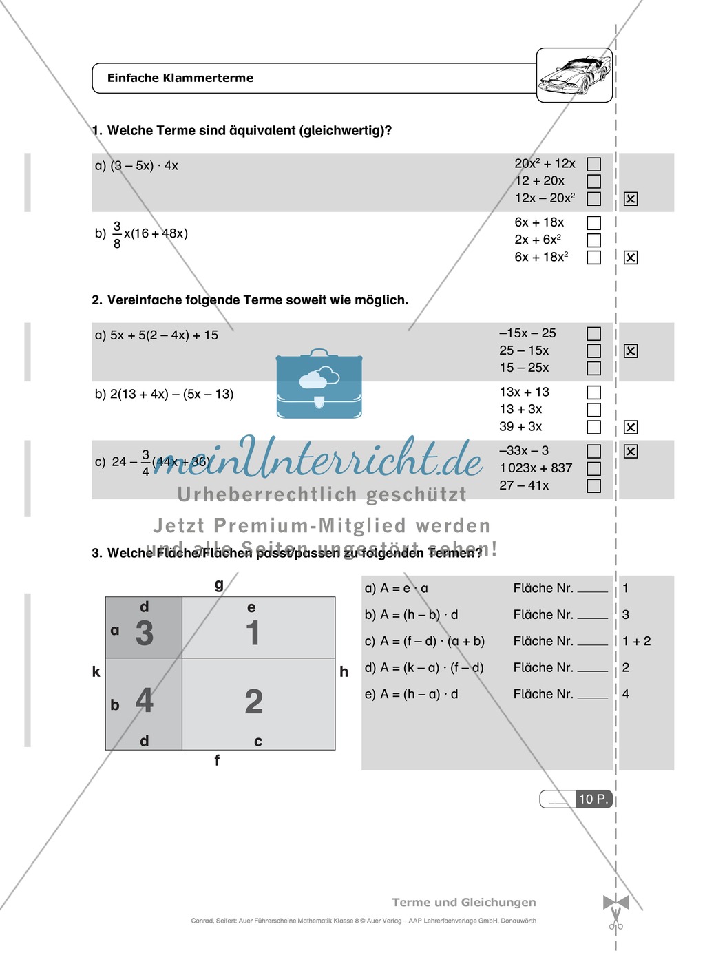 Einfache und geklammerte ganze und rationale Terme und Gleichungen. Enthält einen Schnelltest und Lösungen. Preview 5