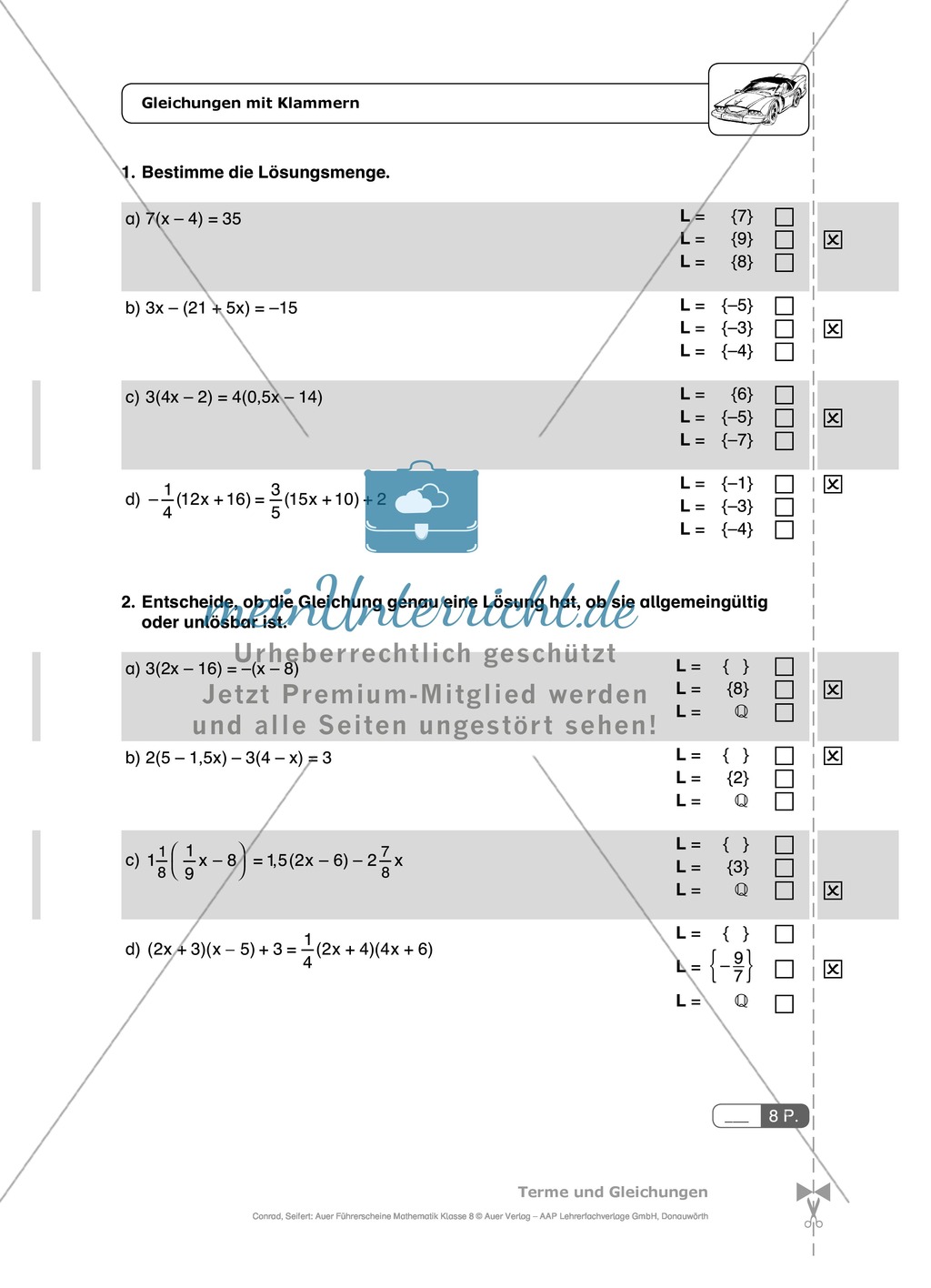 Einfache und geklammerte ganze und rationale Terme und Gleichungen. Enthält einen Schnelltest und Lösungen. Preview 9