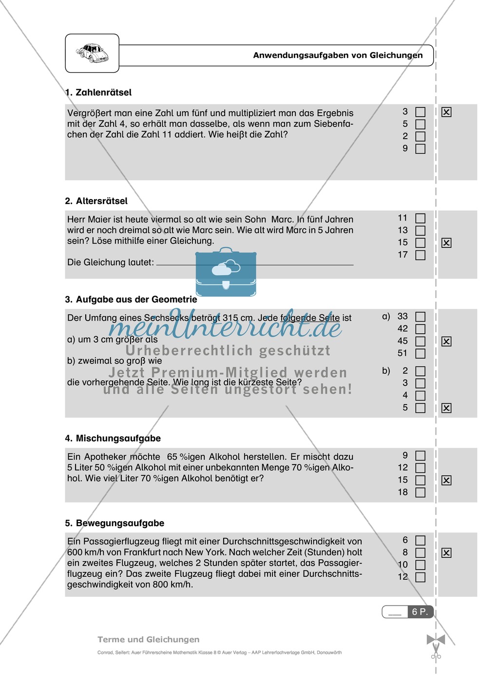 Gleichungen mit ganzzahligen Lösungen in Textaufgaben. Enthält Schnelltest und Lösungen. Preview 1