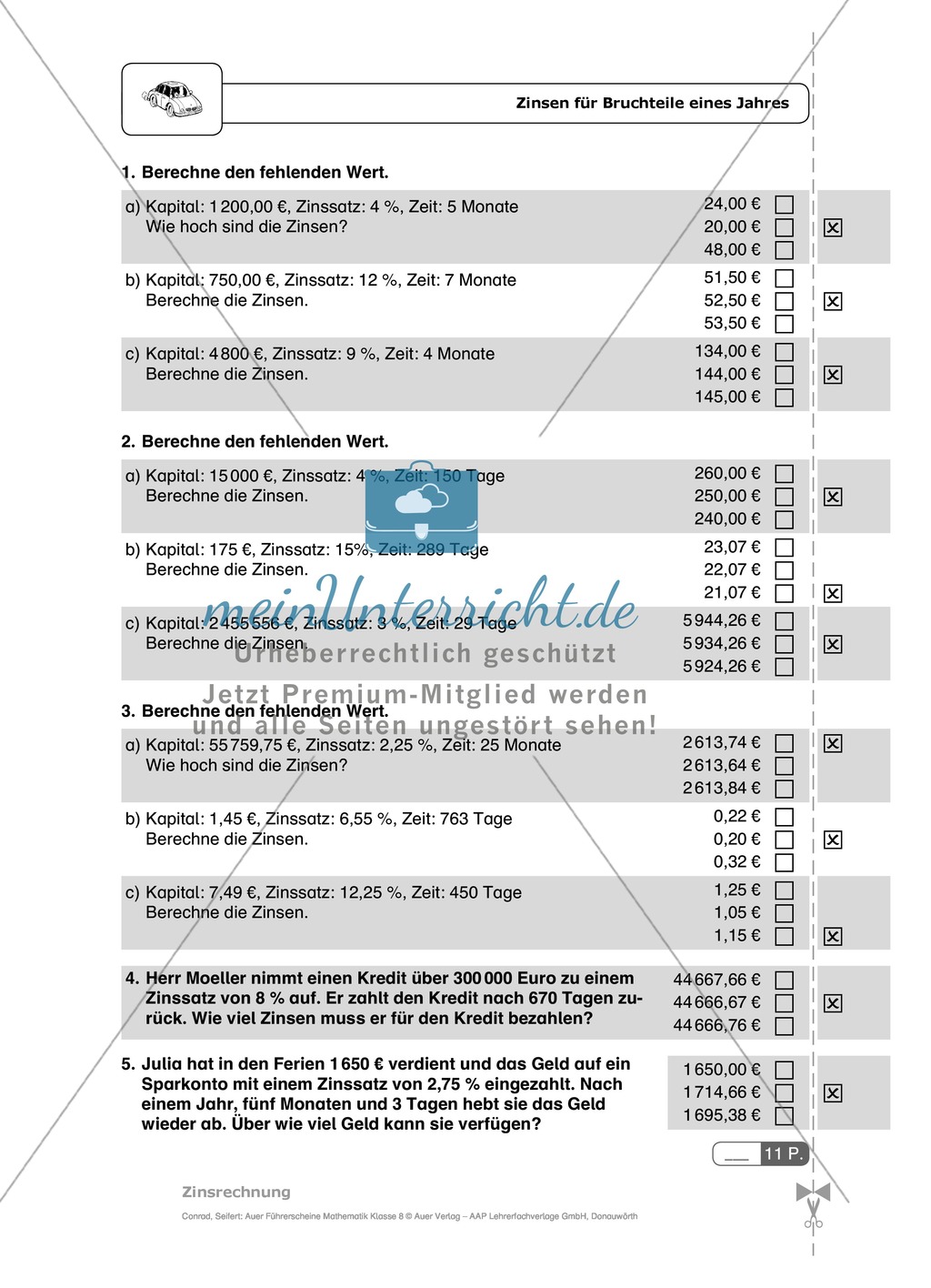 Zinsen für Bruchteile eines Jahres - Aufgaben mit Selbstkontrolle Preview 1
