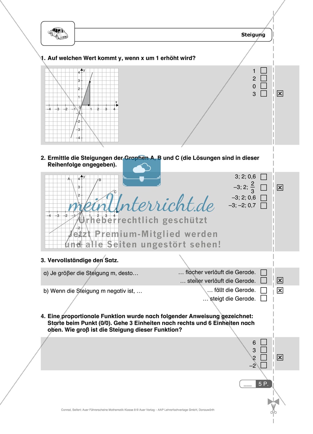 Lineare Funktionen: Steigung, Gleichung und Graph von linearen Funktionen. Enthält Schnelltest und Lösungen. Preview 1
